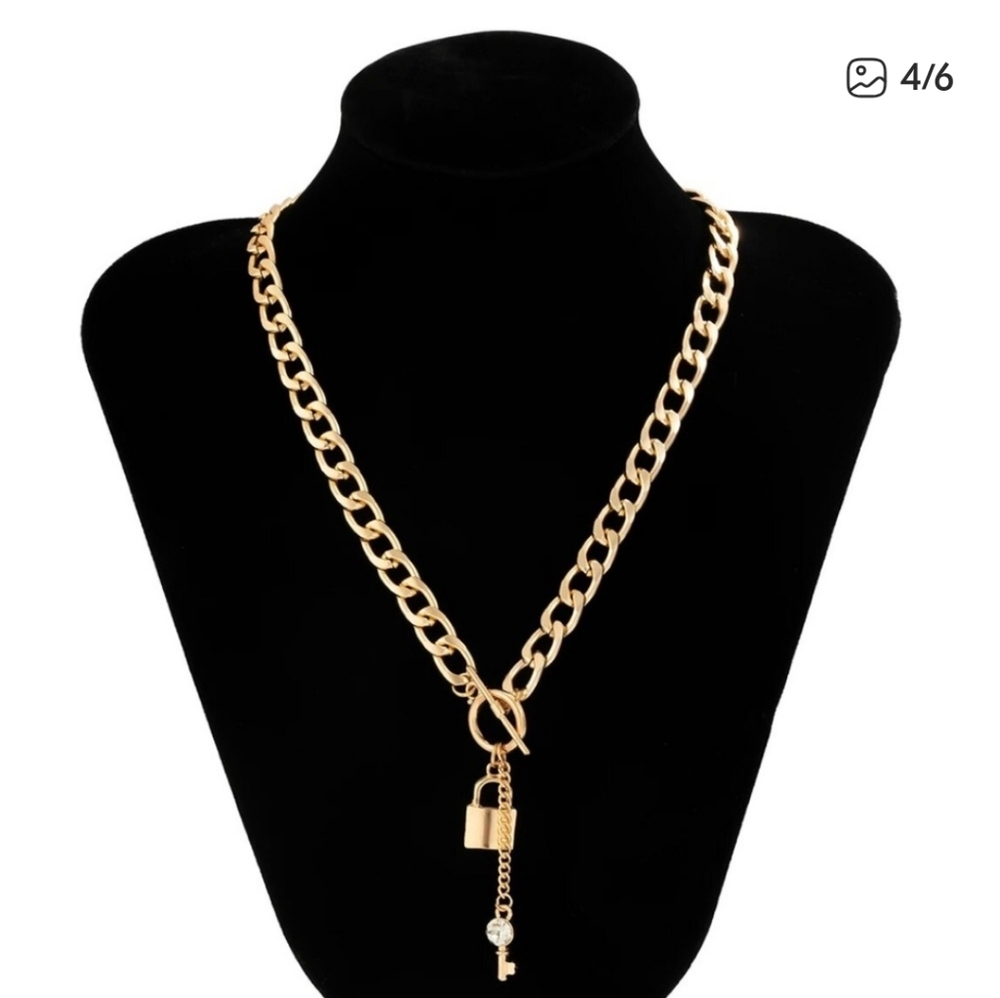 Gold Chain Necklace with Lock and Key Pendant